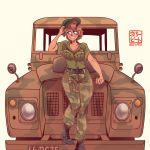  1girl absurdres artist_name beret blue_eyes blush breasts brown_hair camouflage commission hat highres land_rover license_plate original smile solo willy_pete 