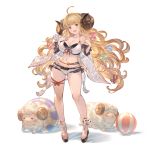  1girl ahoge alpha_transparency anila_(granblue_fantasy) ass_visible_through_thighs bangs bare_shoulders bikini blonde_hair blunt_bangs blush breasts cleavage detached_sleeves draph eyebrows eyebrows_visible_through_hair full_body granblue_fantasy horns large_breasts layered_bikini long_hair looking_at_viewer minaba_hideo navel official_art open_mouth sheep_horns short_eyebrows smile solo standing swimsuit transparent_background very_long_hair white_bikini yellow_eyes 