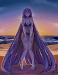 1girl absurdly_long_hair absurdres beach bikini bird black_bikini blush breasts chocojax commission commissioner_upload embarrassed fire_emblem fire_emblem:_the_binding_blade fire_emblem_heroes highres large_breasts long_hair looking_at_viewer navel purple_eyes purple_hair sand signature smile solo sophia_(fire_emblem) sunset swimsuit very_long_hair water 
