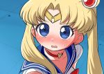  1girl bangs bishoujo_senshi_sailor_moon blonde_hair blue_eyes blue_sailor_collar blush choker commentary crescent crescent_earrings derivative_work diadem double_bun earrings eyebrows_visible_through_hair hair_over_shoulder heart heart_choker highres jewelry light_frown long_hair looking_at_viewer magical_girl meme ngetyan open_mouth parted_bangs red_choker sailor_collar sailor_moon sailor_moon_redraw_challenge sailor_senshi_uniform screencap_redraw solo sweatdrop tsukino_usagi twintails 