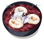  1girl antenna_hair bangs bowl chibi commentary dumpling eating food hair_between_eyes hair_ornament in_bowl in_container in_food kizuna_akari long_hair milkpanda minigirl mochi shadow silver_hair solo soup star_(symbol) translated voiceroid white_background |_| 