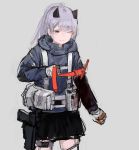  1girl bangs belt belt_pouch black_skirt blood blood_on_arm clenched_teeth cowboy_shot girls_frontline gloves grey_background grey_hair grey_hoodie gun handgun headgear highres hk33_(girls_frontline) holstered_weapon injury load_bearing_vest long_hair long_sleeves one_eye_closed pistol ponytail pouch rampart1028 red_eyes simple_background skirt solo tearing_up teeth tourniquet weapon white_gloves wince 