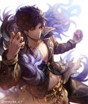  1boy abs belial_(granblue_fantasy) belt black_hair black_shirt chest granblue_fantasy granblue_fantasy_(style) highres hotaruika_niji looking_at_viewer male_focus open_clothes pants pectorals red_eyes shirt simple_background smile solo 