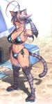  1girl ahoge animal_ears beach bikini black_bikini breasts brown_hair bulge cat_ears cat_paws cat_tail cleavage fur hair_between_eyes hand_on_hip huge_ahoge large_breasts looking_at_viewer navel open_mouth original paws red_eyes sandals solo swimsuit tail yagatake_arashi yana_(nekoarashi) 