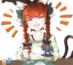  1girl ^_^ animal_ears bigcat_114514 braid cat_ears cat_girl cat_tail closed_eyes commentary dreadnought emphasis_lines english_commentary extra_ears fangs green_shirt hair_ribbon happy kaenbyou_rin miniature multiple_tails open_mouth paintbrush painting pointy_ears red_hair ribbon shirt simple_background smile solo table tabletop_game tail touhou twin_braids twintails twitter_username ultramarines warhammer_40k white_background 