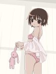  1girl blush_stickers bra breasts brown_eyes brown_hair closed_mouth cowboy_shot curtains from_behind highres holding holding_stuffed_animal kill_me_baby looking_at_viewer looking_back nadegata off-shoulder_shirt off_shoulder oribe_yasuna panties pink_bra pink_panties shirt small_breasts solo standing stuffed_animal stuffed_bunny stuffed_toy underwear unmoving_pattern white_shirt 