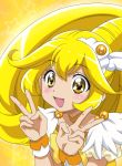  1girl :d absurdres anime_coloring bangs blonde_hair blush choker cure_peace dearigazu2001 double_v eyebrows_visible_through_hair hair_between_eyes highres long_hair open_mouth precure shiny shiny_hair short_sleeves smile smile_precure! solo star_(symbol) upper_body v wrist_cuffs yellow_background yellow_choker yellow_eyes 