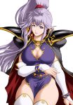  1girl armor breasts cape cleavage cleavage_cutout earrings elbow_gloves fire_emblem fire_emblem:_genealogy_of_the_holy_war fire_emblem_heroes gloves ishtar_(fire_emblem) jewelry long_hair looking_at_viewer pauldrons purple_eyes purple_hair rakusai_(saisai_garou) shoulder_armor side_slit solo thighs 