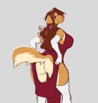  2020 absurd_res accessory anthro armwear big_breasts blue_eyes bottomless breasts bridal_gauntlets brown_hair butt butt_focus canid canine canis clothed clothing curvy_figure digital_media_(artwork) domestic_dog dress ear_piercing ear_ring exposed_butt eyebrows eyelashes faizenek female fluffy fluffy_tail fur gloves grin hair handwear hi_res legwear long_hair looking_back makeup mammal piercing pink_nose presenting presenting_hindquarters rear_view rhoda_(faizenek) simple_background smile solo standing stockings tan_body tan_fur thick_thighs wide_hips 