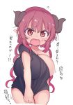  1girl bangs blush breasts cleavage cool-kyou_shinja dragon_girl dragon_horns drill_hair eyebrows_visible_through_hair horns iruru kobayashi-san_chi_no_maidragon long_hair looking_at_viewer open_mouth pointy_ears red_eyes red_hair shirt simple_background slit_pupils solo t-shirt translation_request twintails white_background 