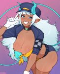  afrobull big_breasts blue_eyes breasts cleavage clothed clothing dark_skin demon ear_piercing ear_ring female hi_res horn horned_humanoid humanoid humanoid_pointy_ears looking_at_viewer not_furry piercing solo spade_tail thick_thighs 