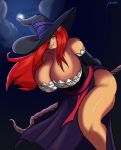  amara_(jwinkz) anthro big_breasts blue_eyes breasts cleavage clothed clothing cloudy female hair hair_over_eye hands_behind_back hat headgear headwear hi_res huge_breasts jwinkz leaning leaning_forward looking_at_viewer magic_user mammal night one_eye_obstructed red_hair skimpy smile solo sorceress_(dragon&#039;s_crown) staff ursid wide_hips wind witch_hat 