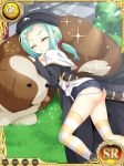  1girl artist_request ass black_coat black_headwear chinkyuu closed_eyes coat cutoffs denim denim_shorts dog green_hair hair_bobbles hair_ornament hairclip hat koihime_musou long_hair low_twintails lying lying_on_another on_side outdoors shirt short_shorts shorts sleeping striped striped_legwear thighhighs thighs twintails white_shirt 