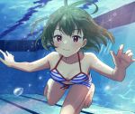  1girl ahoge air_bubble bangs bare_arms bare_legs bare_shoulders barefoot bikini bikini_shorts blue_bikini blush breasts bubble caustics closed_mouth collarbone commentary_request emu_(emum) eyebrows_visible_through_hair feet_out_of_frame fingernails floating_hair foreshortening freediving green_hair halter_top halterneck hands_up highres holding_breath idolmaster idolmaster_million_live! indoors light_rays looking_at_viewer medium_breasts medium_hair nagayoshi_subaru navel pool purple_eyes shorts solo striped striped_bikini swimming swimsuit underwater water 