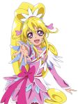  1girl :d absurdres anime_coloring bangs blonde_hair choker collarbone cowboy_shot cure_heart dearigazu2001 detached_sleeves dokidoki!_precure eyebrows_visible_through_hair hair_between_eyes hair_ornament high_ponytail highres jacket layered_skirt long_hair long_sleeves looking_at_viewer miniskirt open_mouth outstretched_arm pink_choker pink_eyes pink_jacket pink_skirt pink_sleeves precure reaching_out red_legwear shiny shiny_hair simple_background skirt smile solo standing very_long_hair white_background 