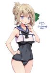  1girl bangs black_swimsuit blonde_hair blue_sailor_collar blush breasts collarbone cosplay cowboy_shot dated eyebrows_visible_through_hair hair_between_eyes hand_on_hip hand_on_own_chin kantai_collection large_breasts odawara_hakone one-piece_swimsuit open_mouth perth_(kantai_collection) purple_eyes ro-500_(kantai_collection) ro-500_(kantai_collection)_(cosplay) sailor_collar sailor_shirt school_swimsuit shirt short_hair simple_background sleeveless sleeveless_shirt solo swimsuit swimsuit_under_clothes twitter_username white_background white_shirt 