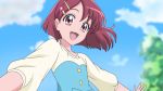  1girl :d anime_coloring bangs blue_sky blurry blurry_background brown_eyes brown_hair cloud day dearigazu2001 eyebrows_visible_through_hair floating_hair flower hair_flower hair_ornament hairclip hanadera_nodoka healin&#039;_good_precure highres long_sleeves open_mouth outdoors outstretched_arms precure shiny shiny_hair shirt short_hair sky smile solo upper_body white_shirt 