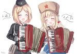  2girls accordion artist_name black_gloves blonde_hair blush braid cherry_hair_ornament closed_eyes eyebrows_visible_through_hair food_themed_hair_ornament girls_frontline gloves hair_ornament hat highres instrument long_hair martinreaction medium_hair military military_hat military_uniform mp40_(girls_frontline) multiple_girls musical_note musical_note_print open_mouth papakha ppsh-41_(girls_frontline) uniform white_background 