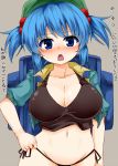  1girl backpack bag bangs black_panties black_shirt blue_eyes blue_hair blue_vest blush breasts cleavage eyebrows_visible_through_hair flat_cap green_headwear grey_background hair_bobbles hair_ornament hat kawashiro_nitori large_breasts looking_at_viewer navel open_mouth panties shirt short_hair short_sleeves simple_background solo sweat touhou translation_request twintails two_side_up underwear upper_body vest zetsumame 