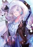  1girl anastasia_(fate/grand_order) animal_hood bow dated doll fate/grand_order fate_(series) fur-trimmed_hood fur_trim highres hood long_hair rioka_(southern_blue_sky) silver_hair smile snow twitter_username under_the_same_sky 