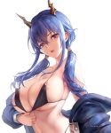  1girl areolae arknights bangs bare_shoulders bikini bikini_tug black_bikini blue_hair blush breasts ch&#039;en_(arknights) chihunhentai cleavage covered_nipples dragon_horns hair_between_eyes highleg horns id_card jacket large_breasts long_hair looking_at_viewer low_twintails off_shoulder open_mouth red_eyes sidelocks skindentation solo stomach swimsuit toned twintails 