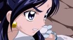  1girl anime_coloring bangs blue_eyes blue_hair bruise_on_face clenched_teeth cure_white dearigazu2001 detached_sleeves earrings frilled_sleeves frills futari_wa_precure heart heart_earrings highres jewelry long_hair parted_bangs precure shiny shiny_hair solo teeth white_sleeves 