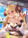  1girl absurdres anila_(granblue_fantasy) blonde_hair blue_sky blush breasts breath brown_eyes cleavage closed_mouth cloud collarbone curled_horns day detached_sleeves draph drink drinking_straw eyebrows_visible_through_hair glass granblue_fantasy heart heart-shaped_pupils highres horns large_breasts long_hair moneko1107 outdoors sheep_horns sky solo sweat symbol-shaped_pupils thick_eyebrows wide_sleeves 