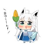  1girl ahoge animal_ears arm_up armor armored_dress bangs blush braid cape chibi commentary_request corn eyebrows_visible_through_hair fish food fox_ears fox_girl fur-trimmed_cape fur_trim gauntlets hair_between_eyes holding holding_food holding_shield hololive long_hair looking_at_viewer open_mouth shield shirakami_fubuki sidelocks simple_background single_braid solo translation_request twumi virtual_youtuber white_background white_hair 