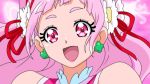  1girl :d anime_coloring bangs bare_shoulders blurry blurry_background cure_yell dearigazu2001 earrings floating_hair flower hair_flower hair_ornament hair_ribbon hugtto!_precure jewelry long_hair looking_at_viewer open_mouth pink_background pink_hair portrait precure red_eyes red_ribbon ribbon shiny shiny_hair smile solo white_flower 