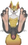  2020 3_toes anthro big_penis braixen dreiker foot_focus foreshortening foreskin genitals hi_res huge_penis humanoid_genitalia humanoid_penis hyper hyper_genitalia hyper_penis looking_at_viewer male nintendo penis pok&eacute;mon pok&eacute;mon_(species) simple_background smile solo toes uncut video_games white_background 