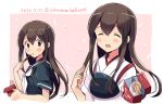  1girl ^_^ ^o^ akagi_(kantai_collection) black_sailor_collar black_serafuku blush brown_eyes brown_hair closed_eyes dated eyebrows_visible_through_hair food hair_between_eyes holding holding_food japanese_clothes kantai_collection long_hair multiple_views muneate neckerchief odawara_hakone open_mouth parted_lips pocky sailor_collar school_uniform serafuku smile tasuki twitter_username white_neckwear 