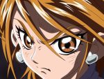  1girl anime_coloring bangs black_background brown_eyes brown_hair bruise_on_face closed_mouth cure_black dearigazu2001 earrings eyebrows_visible_through_hair frown futari_wa_precure hair_between_eyes heart heart_earrings highres jewelry portrait precure shiny shiny_hair short_hair solo v-shaped_eyebrows 