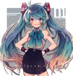  1girl alternate_costume blue_bow blue_hair bow bracelet character_name copyright_name cowlick hands_on_hips hatsune_miku headset highres jewelry kouhara_yuyu now pencil_skirt purple_eyes skirt smile solo twintails vocaloid 