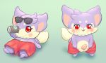  2020 balls bepis bottomwear chibi clothed clothing cocotama digital_media_(artwork) drinking erection eyewear genitals hi_res himitsu_no_cocotama kemono looking_at_viewer male penis presenting purple_body pyritie red_eyes renji_(cocotama) semi-anthro simple_background solo sunglasses swimming_trunks swimwear tan_body 