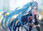  1girl bag bangs bare_shoulders black_legwear black_skirt blue_eyes blue_hair blurry blurry_background cellphone closed_mouth commentary depth_of_field detached_sleeves english_commentary eyebrows_visible_through_hair grey_shirt hatsune_miku headphones holding holding_bag holding_phone long_hair long_sleeves looking_at_viewer looking_to_the_side miniskirt phone pleated_skirt shirt skirt smartphone solo takepon1123 thighhighs twintails very_long_hair vocaloid zettai_ryouiki 