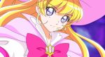  1girl anime_coloring bangs blonde_hair cape closed_mouth cure_miracle dearigazu2001 earrings eyebrows_visible_through_hair floating_hair hair_between_eyes highres jewelry long_hair mahou_girls_precure! pink_cape pink_headwear pink_neckwear portrait precure purple_eyes shiny shiny_hair shirt solo white_shirt 