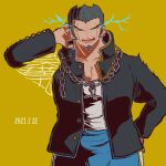  1boy black_jacket blue_pants chain closed_eyes collarbone commentary_request danganronpa_(series) danganronpa_2:_goodbye_despair dated energy facial_hair facing_viewer goatee gold_chain grey_shirt hair_slicked_back hand_on_head hand_up jacket kiri_(2htkz) long_sleeves male_focus nidai_nekomaru open_clothes open_jacket open_mouth pants pectorals shirt shirt_tucked_in short_hair simple_background trembling yellow_background 