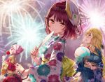 3girls alt atelier_(series) atelier_sophie blonde_hair blush brown_hair candy_apple commentary_request cornelia_(atelier) eyebrows_visible_through_hair fan fireworks floral_print food graphite_(medium) hair_between_eyes highres holding holding_fan holding_food japanese_clothes kimono long_hair long_sleeves looking_at_viewer looking_up mask mask_on_head monika_ellmenreich multiple_girls obi orange_eyes paper_fan pink_hair pouch sash short_hair smile sophie_neuenmuller traditional_media wide_sleeves yellow_eyes yukata 