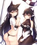  2girls absurdres animal_ears artist_name ass atago_(azur_lane) atago_(stunning_speedster)_(azur_lane) azur_lane bangs bare_shoulders black_hair blunt_bangs bow breasts cleavage cleavage_cutout commentary detached_sleeves elbow_gloves extra_ears eyebrows_visible_through_hair eyes_visible_through_hair facing_away fingerless_gloves flag gloves hair_between_eyes hair_bow hand_on_thigh highres kiri_celea kneeling large_breasts long_hair mole mole_under_eye multiple_girls open_clothes open_mouth open_shirt ponytail race_queen ribbon shirt sideboob simple_background sitting skindentation sleeve_cuffs sweatdrop swept_bangs takao_(azur_lane) takao_(full_throttle_charmer)_(azur_lane) thighhighs thighs thong very_long_hair white_background white_bow white_ribbon white_shirt yellow_eyes 