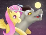  absurd_res chimera cute_fangs discord_(mlp) don_random draconequus duo equid equine female feral flutterbat_(mlp) fluttershy_(mlp) friendship_is_magic fur hasbro hi_res horse male male/female mammal my_little_pony pony simple_background 