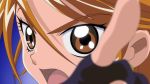  1girl anime_coloring bangs black_gloves blue_background blurry_foreground brown_eyes brown_hair cure_black dearigazu2001 eyebrows_visible_through_hair fingerless_gloves futari_wa_precure gloves hair_between_eyes highres looking_at_viewer open_mouth portrait precure shiny shiny_hair short_hair solo swept_bangs 