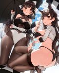  2girls absurdres animal_ears ass atago_(azur_lane) atago_(stunning_speedster)_(azur_lane) azur_lane bangs bare_shoulders bikini black_bikini black_hair black_legwear blush bow breasts brown_eyes cleavage closed_mouth cloud commentary_request elbow_gloves extra_ears eyebrows_visible_through_hair fingerless_gloves from_below gloves hair_bow hair_flaps hair_ribbon high_heels highres holding holding_umbrella impossible_clothes kneeling large_breasts long_hair looking_at_viewer looking_down mole mole_under_eye multiple_girls omaru_(0marufestival) open_mouth outdoors pantyhose ponytail race_queen ribbon shrug_(clothing) sky squatting swept_bangs swimsuit takao_(azur_lane) takao_(full_throttle_charmer)_(azur_lane) thighhighs thighs umbrella unitard very_long_hair white_bow white_footwear white_ribbon wrist_cuffs 