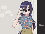  1girl blue_shirt blush brown_skirt camera door floral_print goshiki_agiri hand_up high-waist_skirt highres holding holding_camera kill_me_baby looking_at_viewer nadegata parted_lips purple_eyes purple_hair shirt short_sleeves skirt solo taking_picture upper_body 