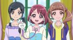  3girls :d anime_coloring bangs black_hair blue_scrunchie blunt_bangs brown_eyes brown_hair closed_mouth collarbone curtains dearigazu2001 flower grey_eyes hair_flower hair_ornament hair_over_shoulder hair_scrunchie hairclip hanadera_nodoka healin&#039;_good_precure highres hiramitsu_hinata hood hood_down hooded_jacket indoors jacket long_hair long_sleeves looking_at_viewer multiple_girls open_clothes open_jacket open_mouth parted_bangs precure purple_jacket sawaizumi_chiyu scrunchie shiny shiny_hair shirt short_hair side_ponytail smile stethoscope twintails upper_body yellow_shirt 