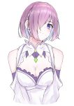  1girl absurdres bangs bare_shoulders blush braid breasts cleavage commentary_request cosplay dress emilia_(re:zero) emilia_(re:zero)_(cosplay) fate/grand_order fate_(series) frilled_dress frills gem hair_over_one_eye highres large_breasts lavender_hair looking_at_viewer mash_kyrielight mr.doukotsu purple_sleeves re:zero_kara_hajimeru_isekai_seikatsu simple_background smile solo upper_body white_background white_dress 