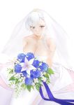  1girl absurdres azur_lane belfast_(azur_lane) belfast_(claddagh_ring&#039;s_vow)_(azur_lane) blue_eyes blue_ribbon bouquet braid breasts bridal_veil bride chain cl_(summer_sama) cleavage dress flower french_braid from_above gold gold_chain highres holding holding_bouquet large_breasts looking_to_the_side ribbon strapless strapless_dress tiara veil wedding_dress white_background white_dress white_hair 