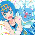  +_+ 1girl betuni blue_eyes blue_hair blue_sailor_collar blush brionne clenched_hands collarbone commentary_request freckles gen_7_pokemon gold_hairband hairband hands_up happy one-piece_swimsuit open_mouth pokemon pokemon_(anime) pokemon_(creature) pokemon_sm_(anime) sailor_collar shirt short_hair sleeveless smile suiren_(pokemon) swimsuit swimsuit_under_clothes tongue 
