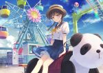  1girl aircraft amusement_park bangs black_hair blue_eyes blue_sailor_collar blue_skirt blue_sky blush bow braid brown_headwear bubble cloud commentary_request day eyebrows_visible_through_hair ferris_wheel fukahire_(ruinon) hat hot_air_balloon long_hair looking_at_viewer original outdoors panda parted_lips pleated_skirt puffy_short_sleeves puffy_sleeves sailor_collar school_uniform serafuku shirt short_sleeves short_twintails sitting skirt sky solo twin_braids twintails white_shirt yellow_bow 