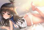  1girl bangs bare_shoulders blue_sailor_collar breasts brown_eyes brown_hair closed_mouth commentary_request eyebrows_visible_through_hair feet hair_between_eyes hair_bobbles hair_ornament highres long_hair looking_at_viewer lying no_panties no_pants on_stomach panties sailor_collar school_uniform shirt sideboob sleeveless sleeveless_shirt small_breasts smile soles solo to_love-ru to_love-ru_darkness topknot underwear white_panties white_shirt yk_(pixiv43531291) yuuki_mikan 