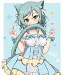  1girl animal_ears bang_dream! bangs bare_shoulders biting blue_background blue_bow blue_choker blue_dress blush bow breasts cat_ears cat_girl cat_tail center_frills character_name choker collarbone commentary dress eyebrows_visible_through_hair fingernails green_eyes green_hair hair_bow hands_up heart hikawa_hina kemonomimi_mode long_hair looking_at_viewer medium_breasts pleated_dress solo sonosakiburi star_(symbol) strapless strapless_dress swept_bangs tail tail_biting two-tone_background white_background white_bow 